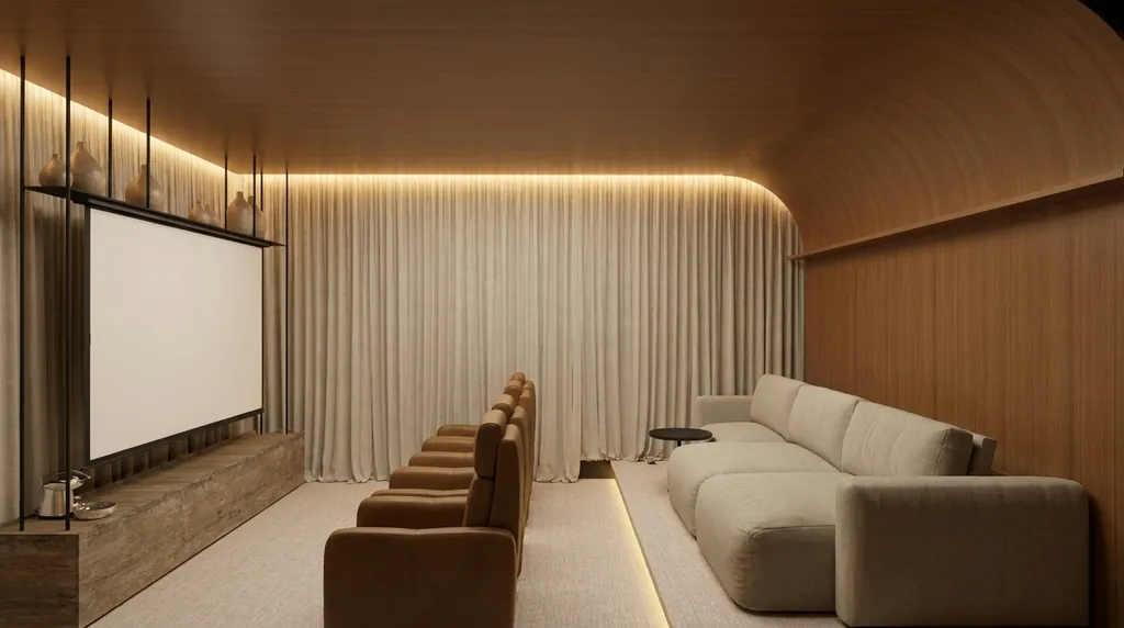 Home cinema com teto curvo em madeira, cortinas em linho, poltronas em couro e sofá amplo