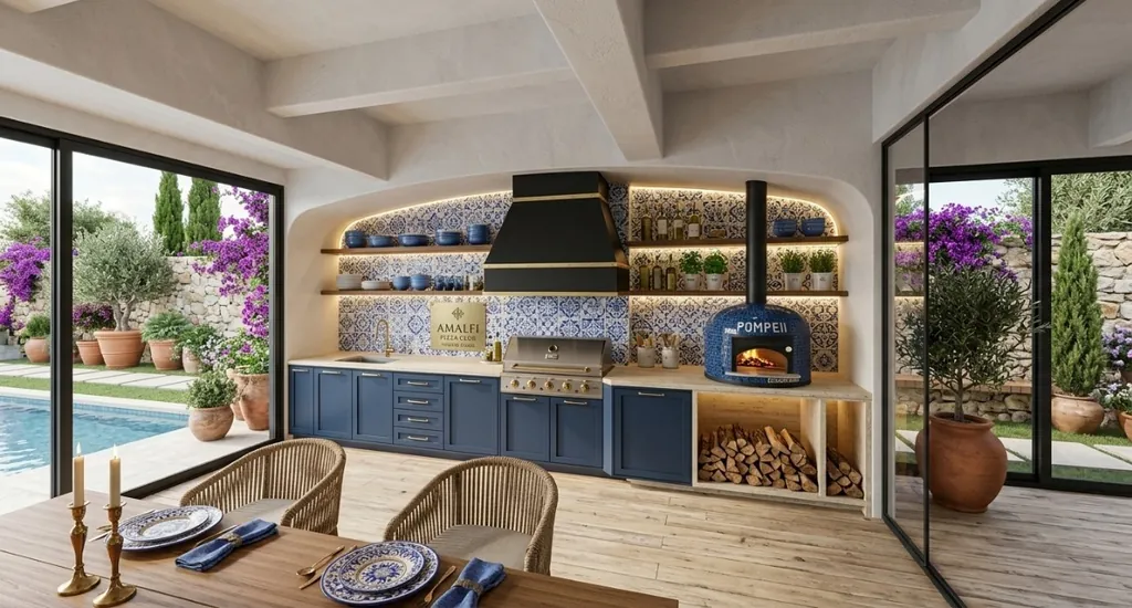 Novo espaço gourmet inspirado na Costa Amalfitana, com azulejos azuis e brancos, forno de pizza revestido e vista para o jardim e a piscina