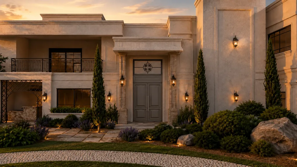 Fachada da Italico Decor ao entardecer, com arquitetura clássica em tons de travertino, lanternas acesas e ciprestes