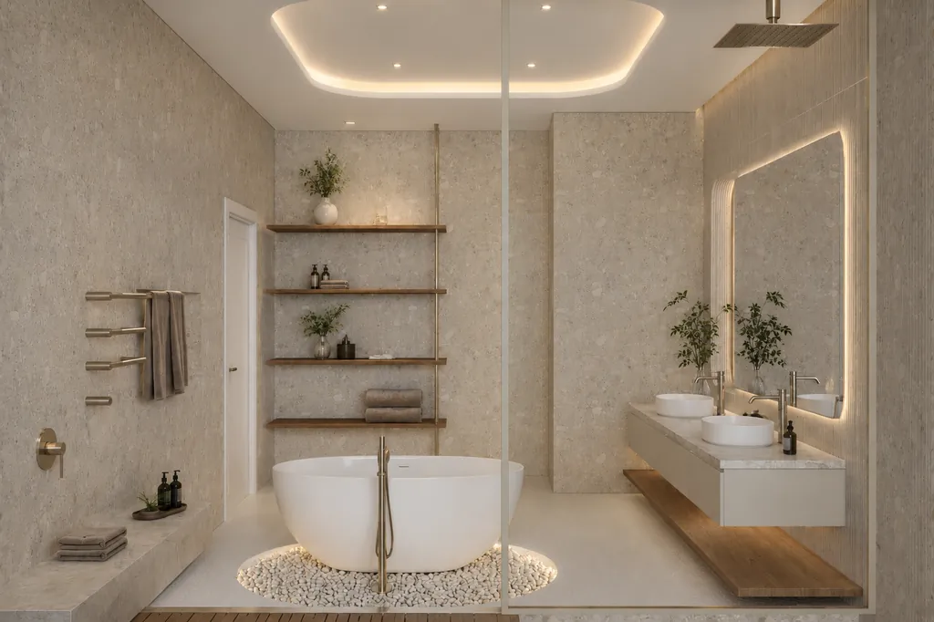 Spa com banheira oval sobre leito de seixos, parede em pedra clara e bancada suspensa com espelho iluminado